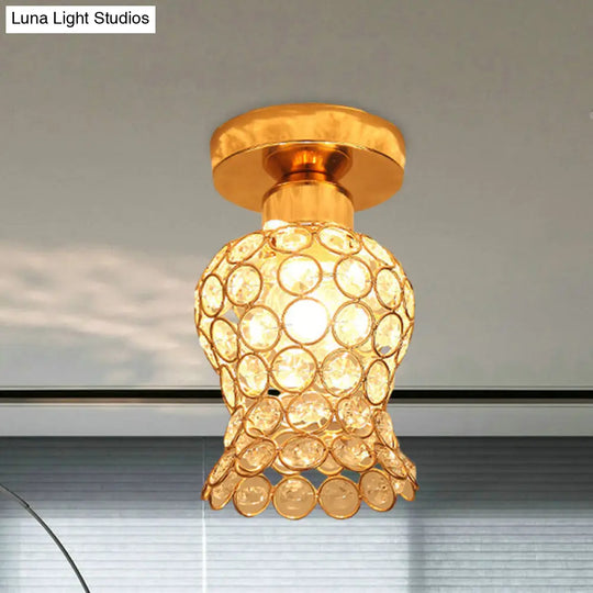 Gold Beveled Crystal Floral Flush Mount Balcony Ceiling Lighting Fixture