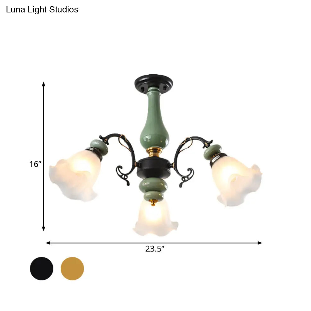 Gold/Black Floral Semi Mount Opal Glass Ceiling Lamp With 3/5 Traditional Lighting Heads - Perfect