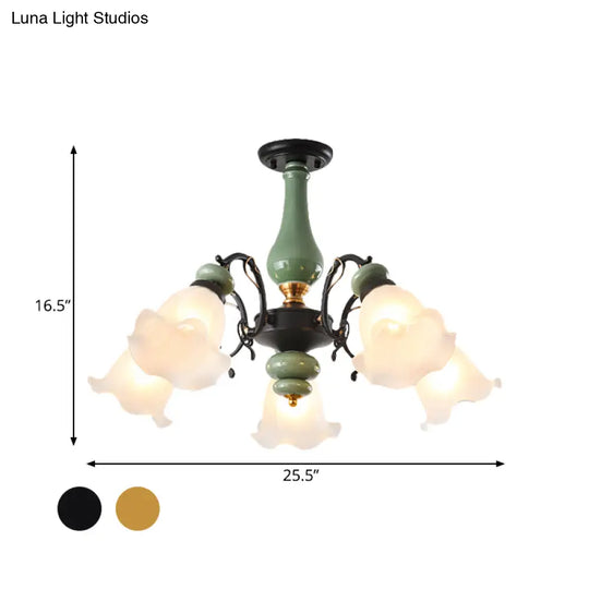 Gold/Black Floral Semi Mount Opal Glass Ceiling Lamp With 3/5 Traditional Lighting Heads - Perfect