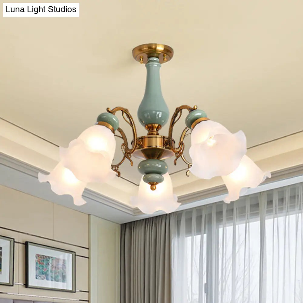 Gold/Black Floral Semi Mount Opal Glass Ceiling Lamp With 3/5 Traditional Lighting Heads - Perfect
