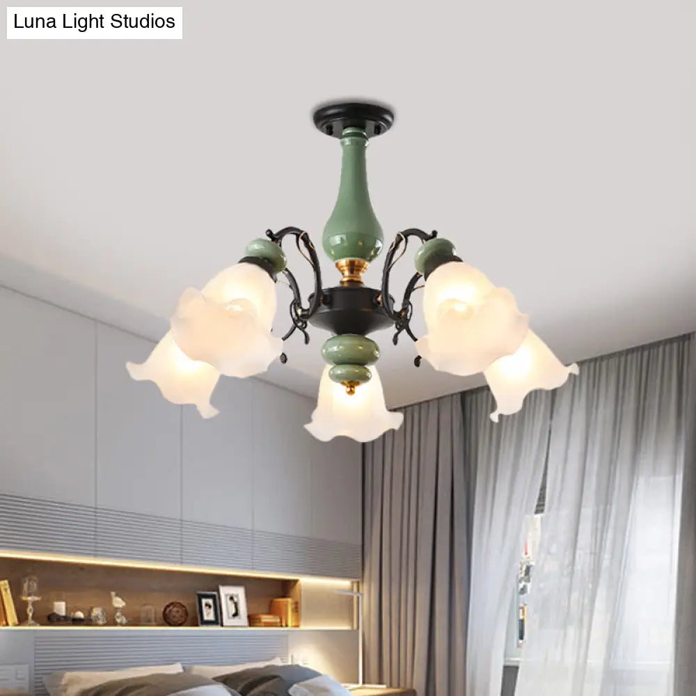Gold/Black Floral Semi Mount Opal Glass Ceiling Lamp With 3/5 Traditional Lighting Heads - Perfect