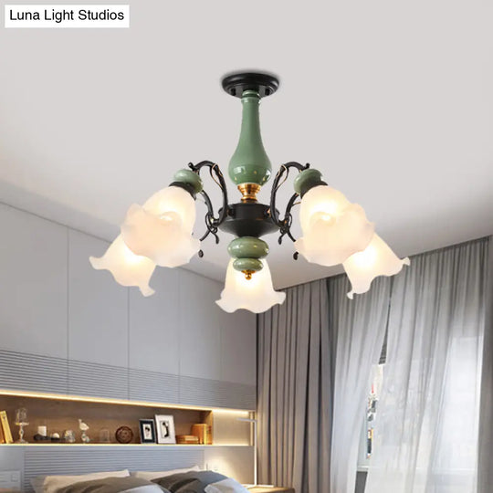 Gold/Black Floral Semi Mount Opal Glass Ceiling Lamp With 3/5 Traditional Lighting Heads - Perfect