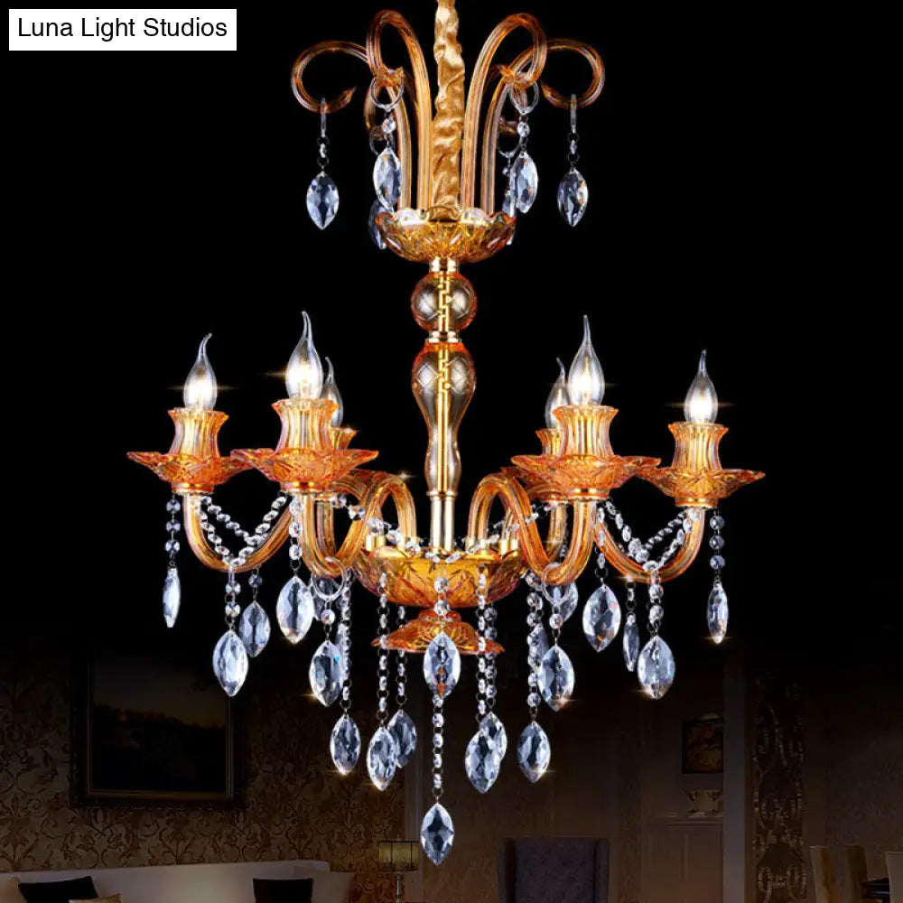 Gold Candle Chandelier With Prism Glass: Traditional Lighting Fixture For Dining Room