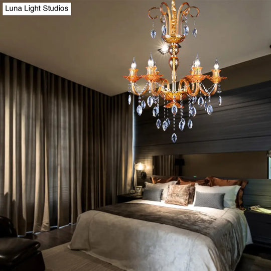 Gold Candle Chandelier With Prism Glass: Traditional Lighting Fixture For Dining Room