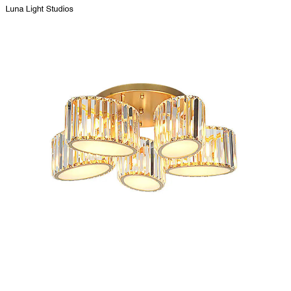 Gold Carved Crystal Semi-Flush Ceiling Lamp With Oval/Teardrop Design And 5 Lights