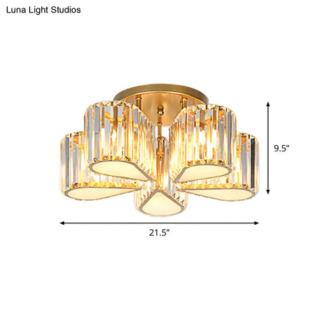 Gold Carved Crystal Semi - Flush Ceiling Lamp With Oval/Teardrop Design And 5 Lights