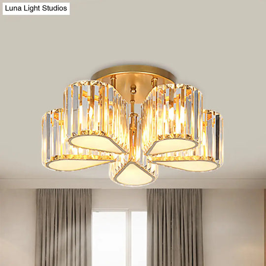 Gold Carved Crystal Semi-Flush Ceiling Lamp With Oval/Teardrop Design And 5 Lights