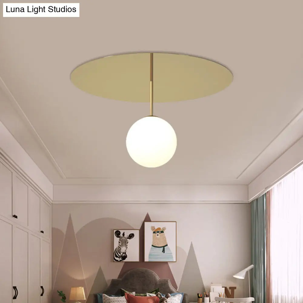 Gold Ceiling Mount Semi Flush Light With Cream Glass Ball And Disc Canopy