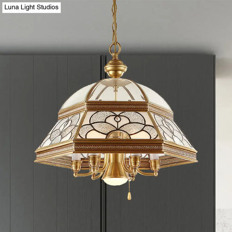 Gold Chandelier Dome With Sandblasted Glass - 6/7 Lights Down Lighting Pendant For Living Room