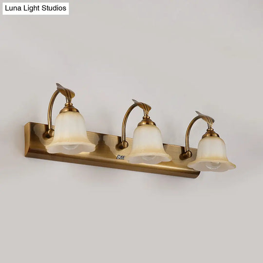 Gold Colonial Glass Bloom Vanity Light Fixture For Bathroom With Leaf Decor - 1/2/3-Head