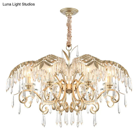 Gold Colonial Style Crystal Palm Leaf Chandelier Elegant Dining Room Suspension Lamp