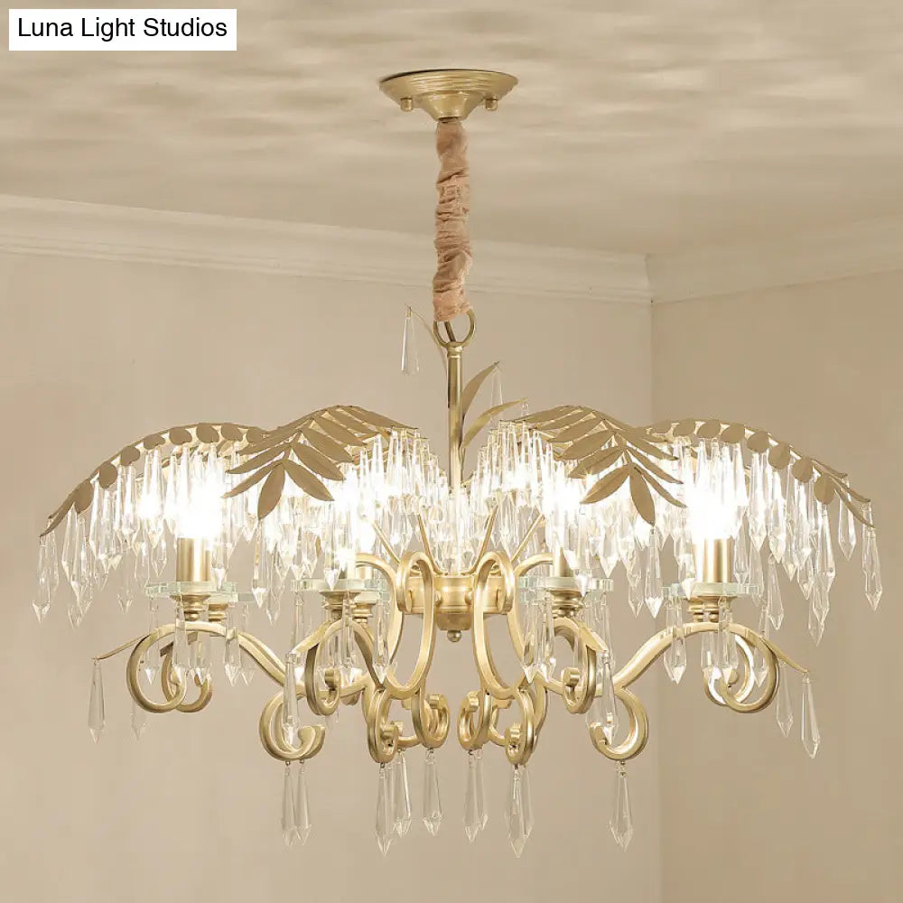Gold Colonial Style Crystal Palm Leaf Chandelier Elegant Dining Room Suspension Lamp