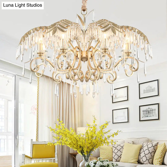 Gold Colonial Style Crystal Palm Leaf Chandelier Elegant Dining Room Suspension Lamp