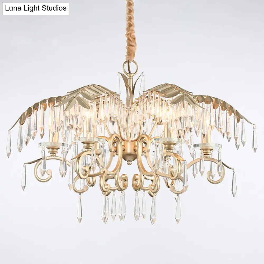 Gold Colonial Style Crystal Palm Leaf Chandelier Elegant Dining Room Suspension Lamp
