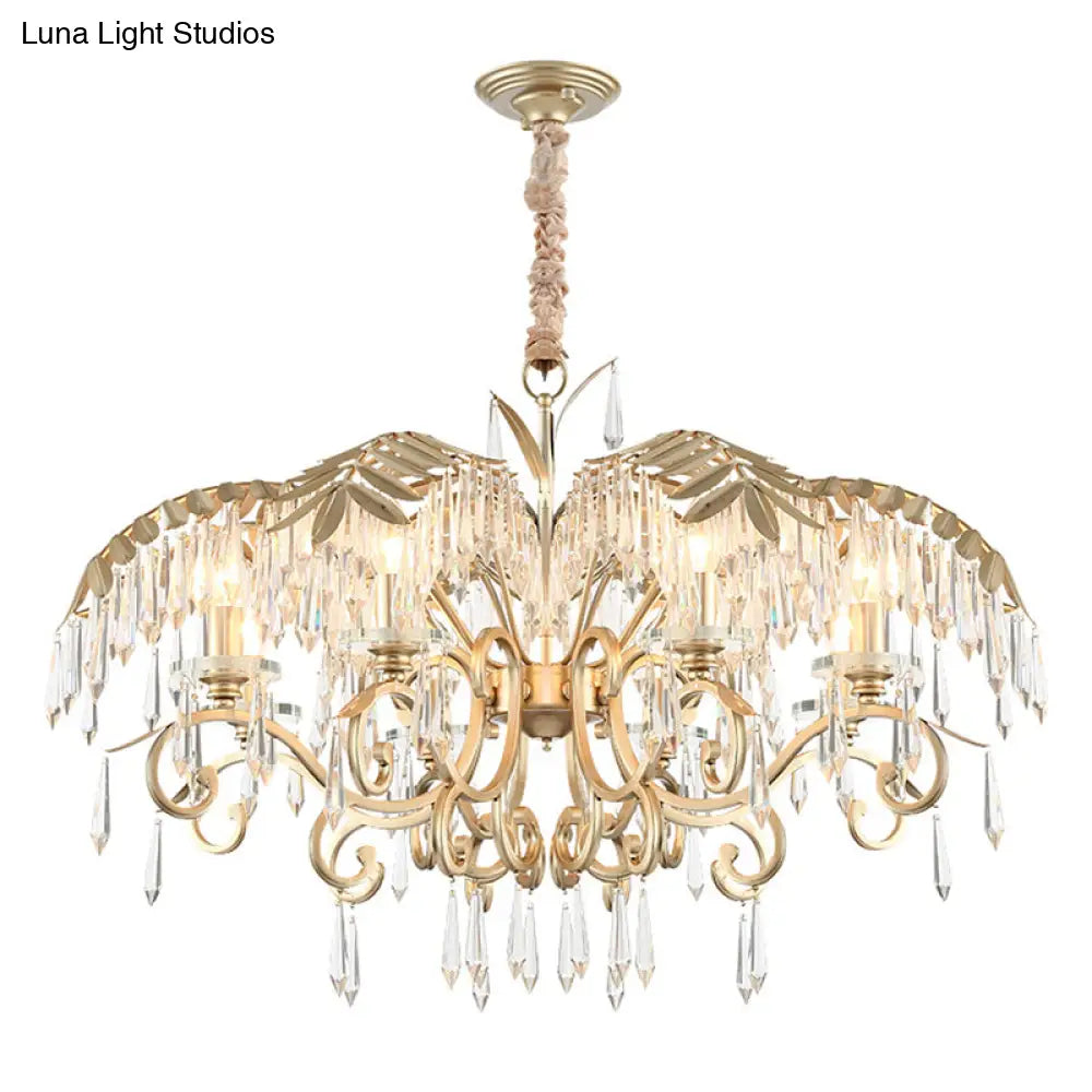 Gold Colonial Style Crystal Palm Leaf Chandelier Elegant Dining Room Suspension Lamp
