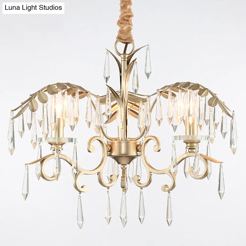 Gold Colonial Style Crystal Palm Leaf Chandelier Elegant Dining Room Suspension Lamp