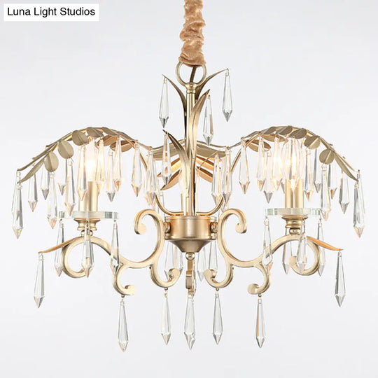 Gold Colonial Style Crystal Palm Leaf Chandelier Elegant Dining Room Suspension Lamp