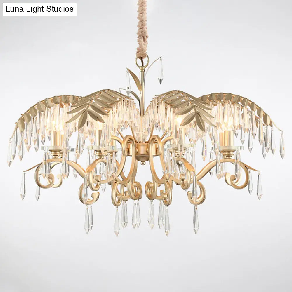 Gold Colonial Style Crystal Palm Leaf Chandelier Elegant Dining Room Suspension Lamp