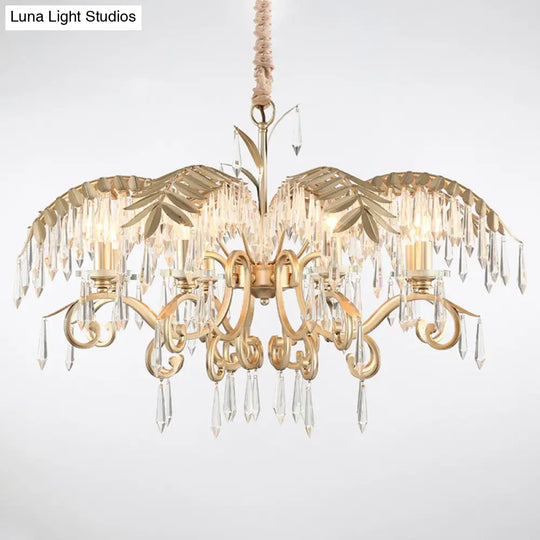 Gold Colonial Style Crystal Palm Leaf Chandelier Elegant Dining Room Suspension Lamp