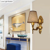 Gold Cone Wall Mount Sconce Light With Carved Lattice Fabric Shade Traditional Metal Design For