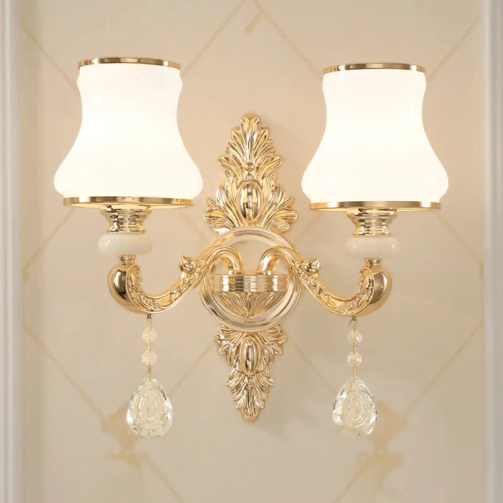 Gold Corridor Wall Light With Opaline Glass Shade And Crystal Accent 2 /