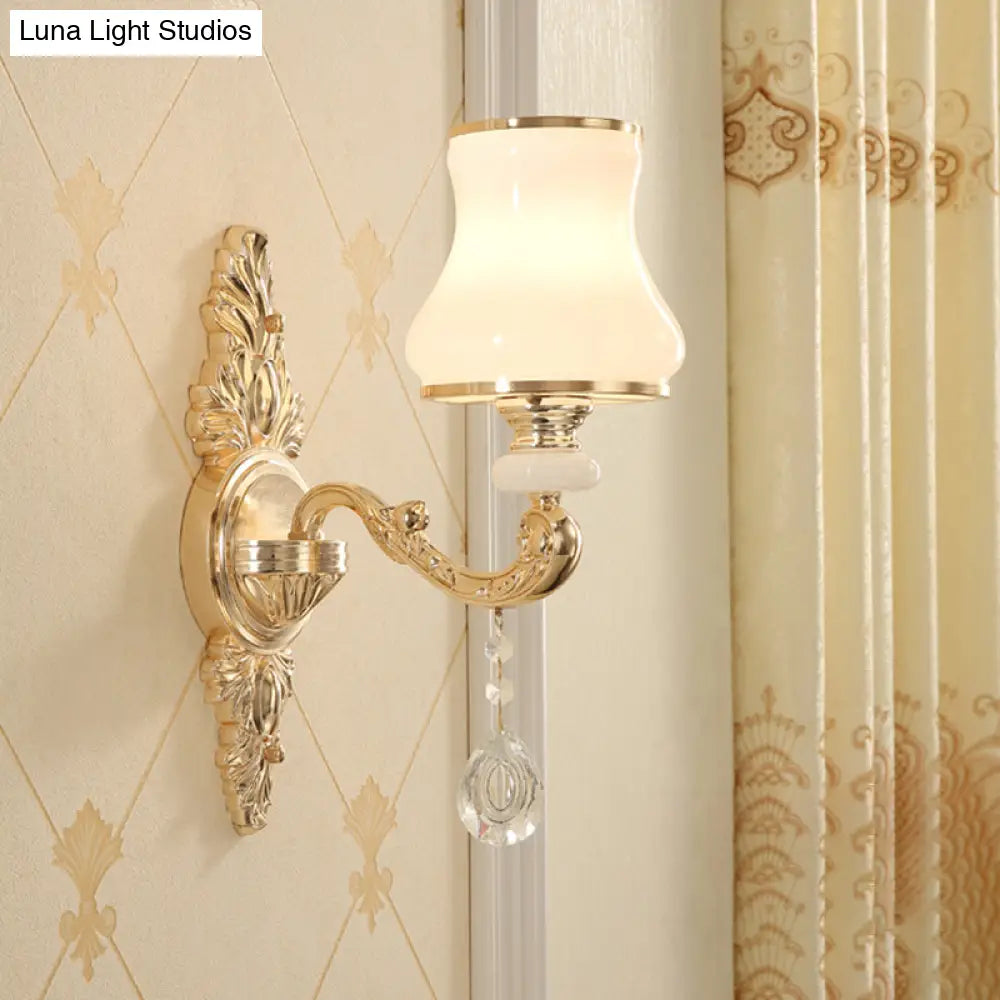 Gold Corridor Wall Light With Opaline Glass Shade And Crystal Accent