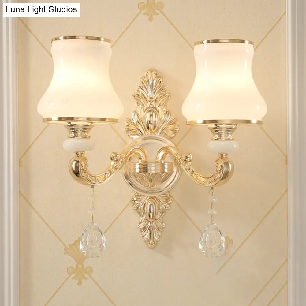 Gold Corridor Wall Light With Opaline Glass Shade And Crystal Accent