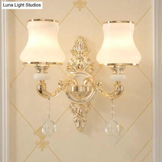 Gold Corridor Wall Light With Opaline Glass Shade And Crystal Accent