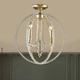 Gold Crystal Ceiling Light Fixture - Country Globe Cage Design With 3 Candle Lights