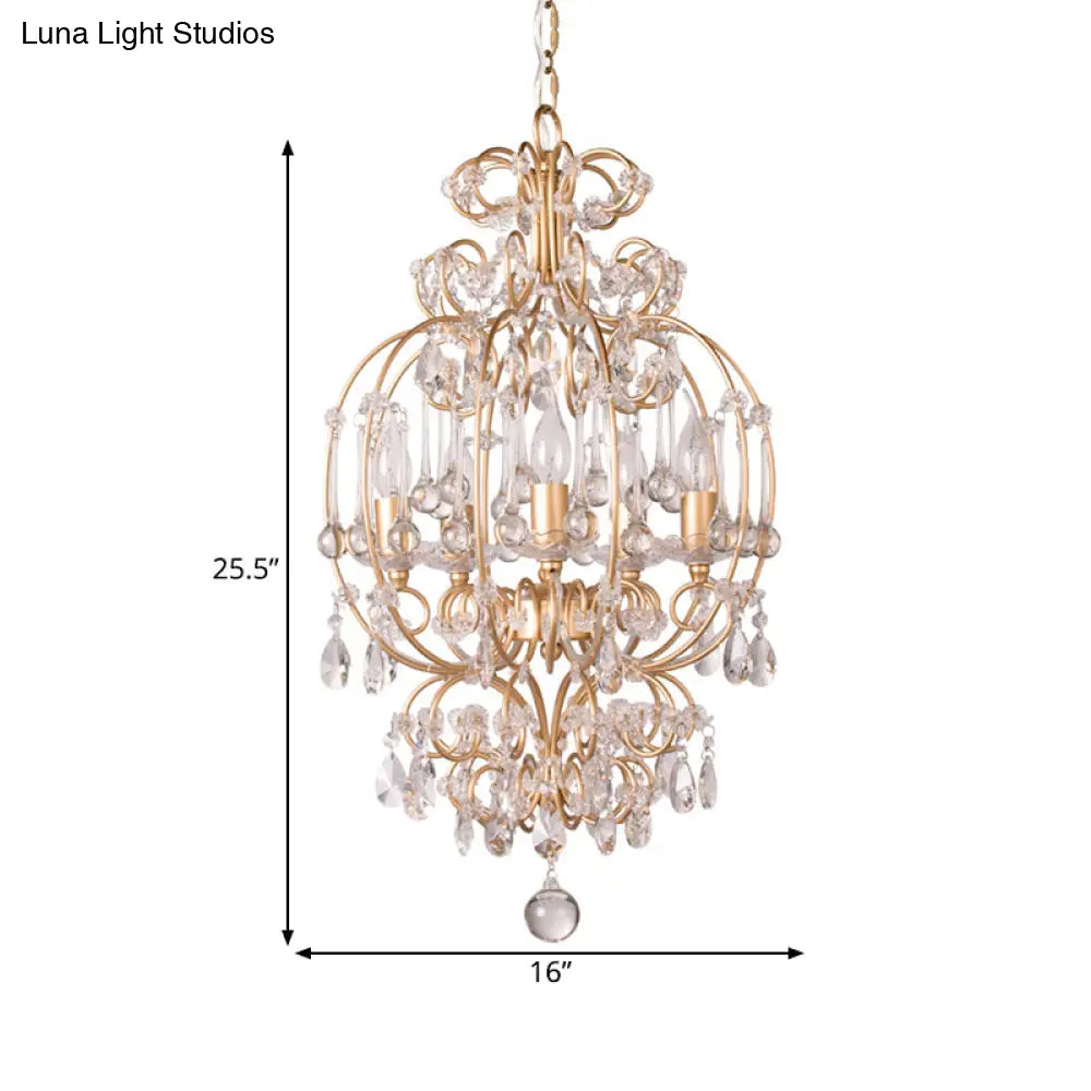 Gold Crystal Chandelier Candle - Elegant 5-Light Suspension Lighting Fixture For Bedroom
