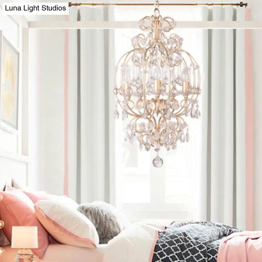Gold Crystal Chandelier Candle - Elegant 5-Light Suspension Lighting Fixture For Bedroom