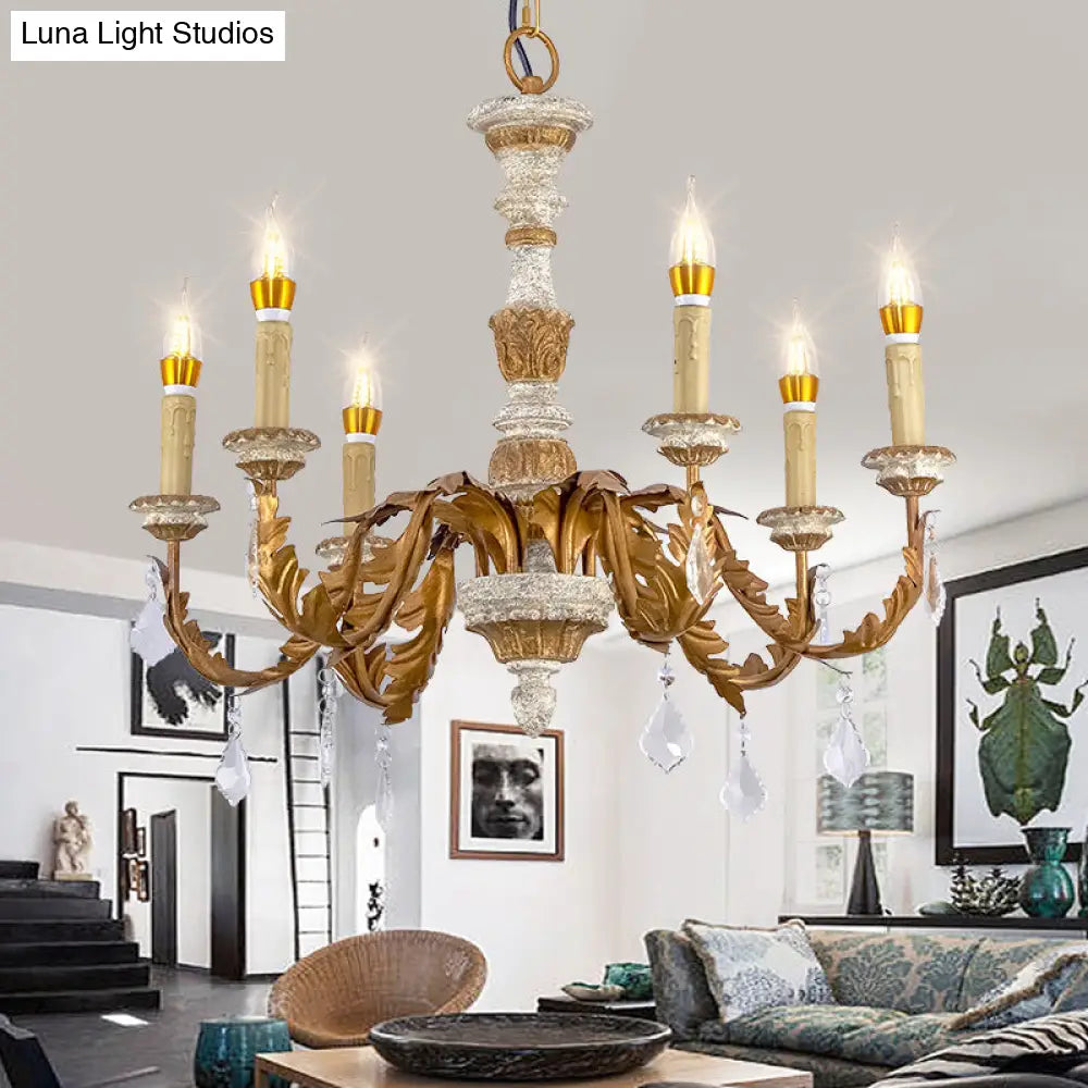 Gold Crystal Chandelier - Traditional 6-Light Hanging Fixture For Living Room