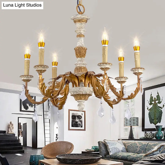 Gold Crystal Chandelier - Traditional 6-Light Hanging Fixture For Living Room