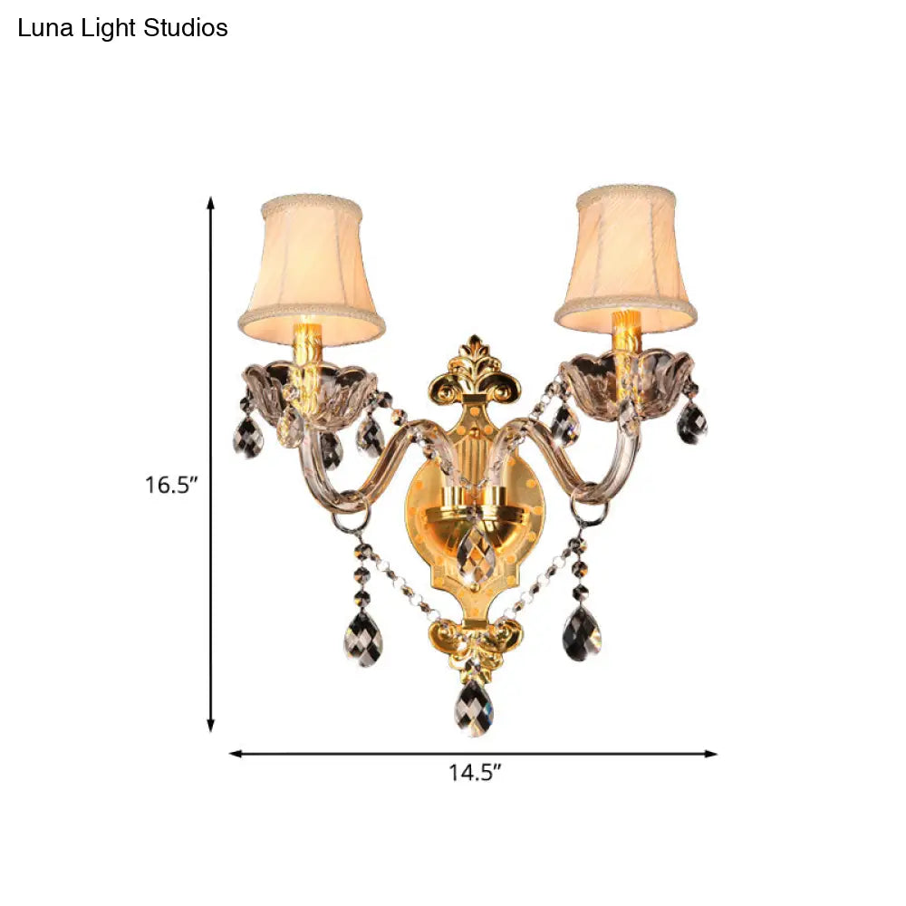 Gold Crystal Drip Wall Sconce With Bell Shade - Bedroom Mounted Light Elegant 2-Bulb Lighting