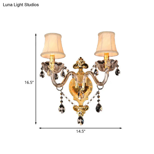 Gold Crystal Drip Wall Sconce With Bell Shade - Bedroom Mounted Light Elegant 2-Bulb Lighting