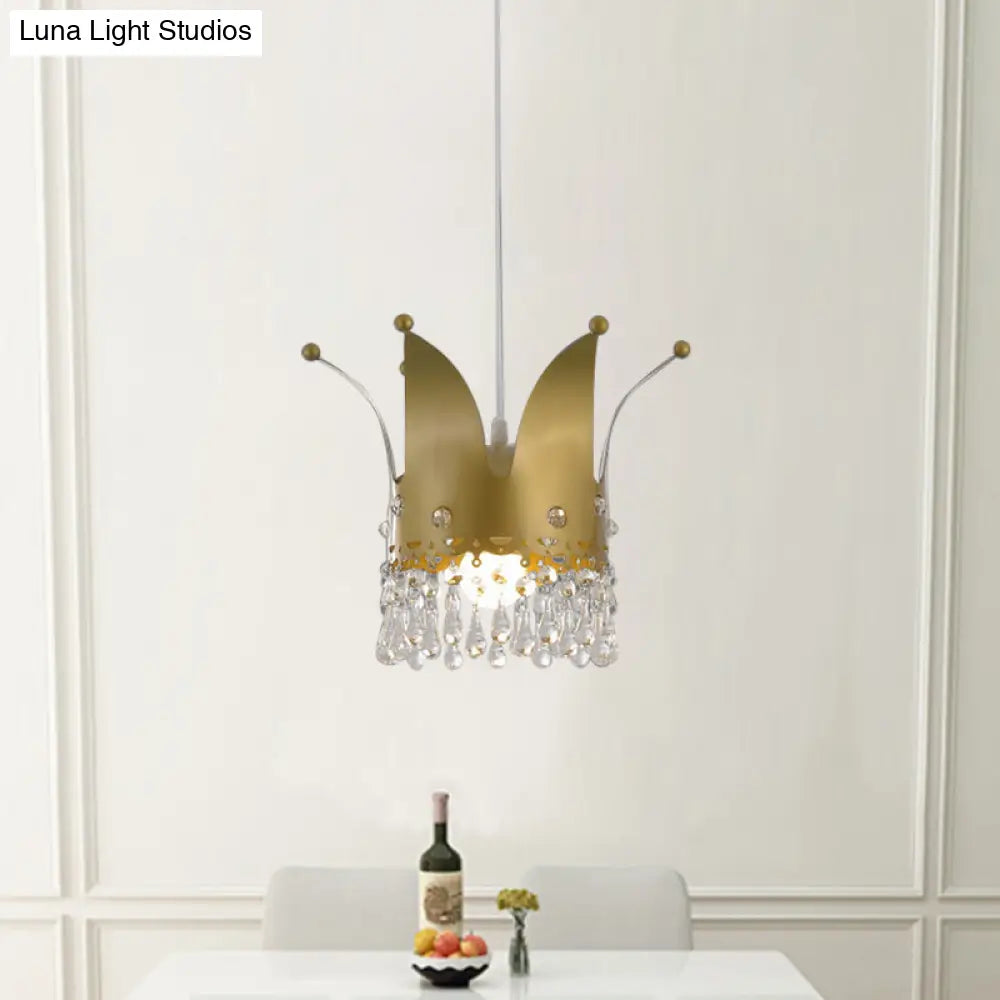 Gold Crystal Drop Modernist Crown Hanging Lamp - Bedroom Down Lighting With 1 Bulb