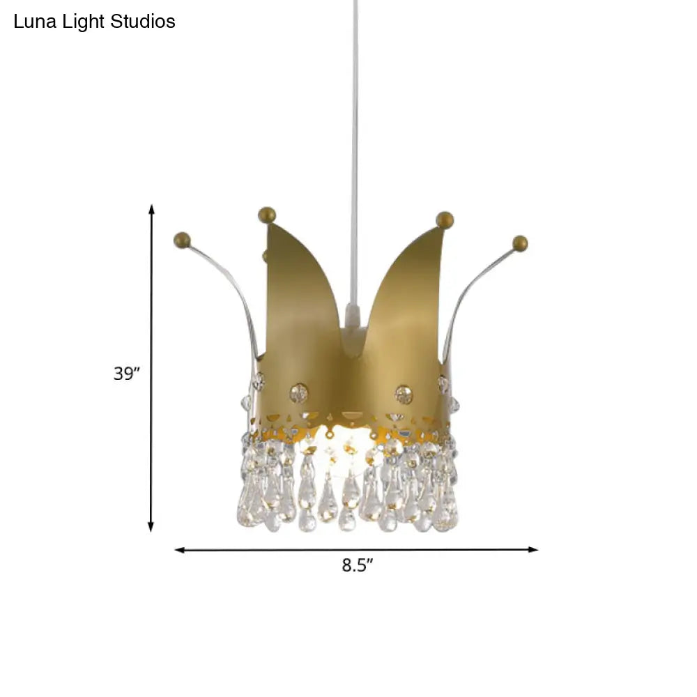 Gold Crystal Drop Modernist Crown Hanging Lamp - Bedroom Down Lighting With 1 Bulb