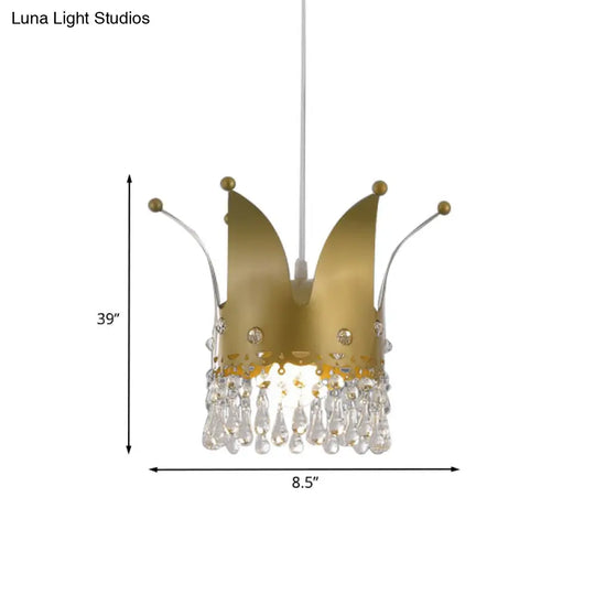 Gold Crystal Drop Modernist Crown Hanging Lamp - Bedroom Down Lighting With 1 Bulb