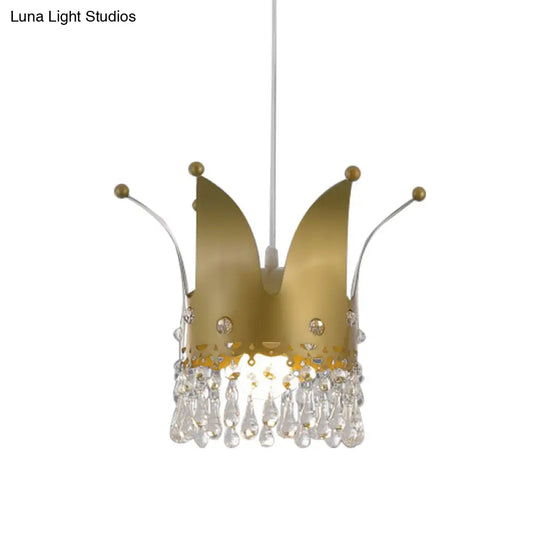 Gold Crystal Drop Modernist Crown Hanging Lamp - Bedroom Down Lighting With 1 Bulb