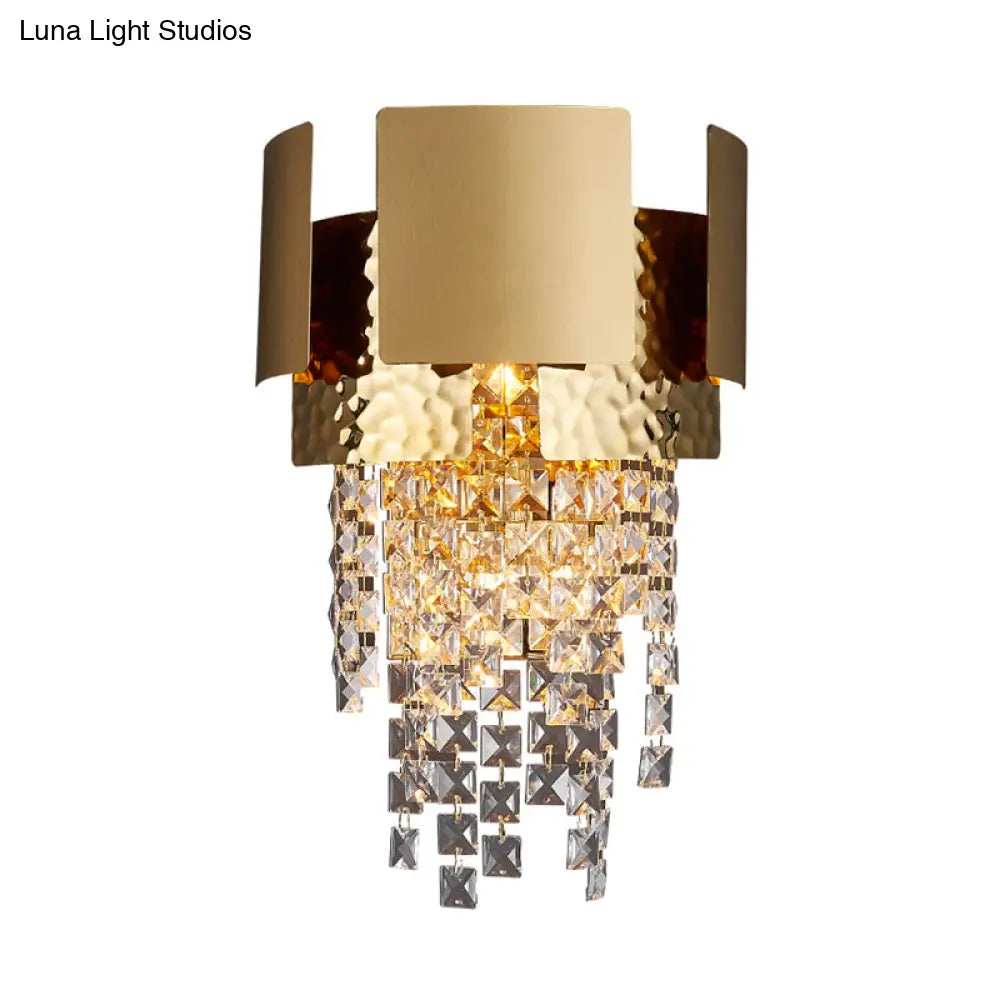 Gold Crystal Led Wall Sconce With 2 Cascading Bulbs For Traditional Bedroom Lighting
