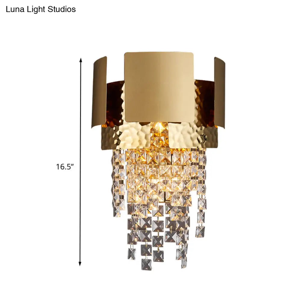 Gold Crystal Led Wall Sconce With 2 Cascading Bulbs For Traditional Bedroom Lighting