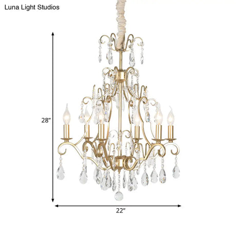 Gold Crystal Pendant Chandelier With 6 Lights For Bedroom - Lodge Style Curvy Arm Design