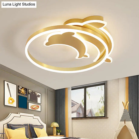 Gold Dolphin & Loop Led Ceiling Light For Kids With Acrylic Shade