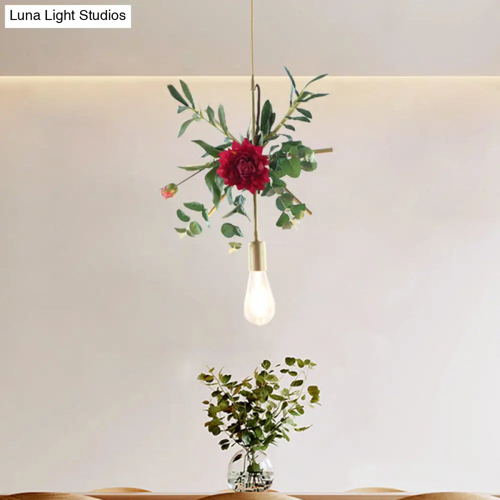 Gold Drop Pendant With Iron Frame And Fake Rose / Linear