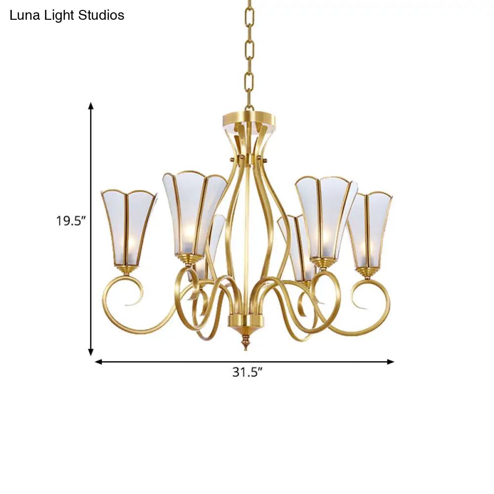 Gold Finish 6-Light Colonial Chandelier With Frosted Glass Flower Shades