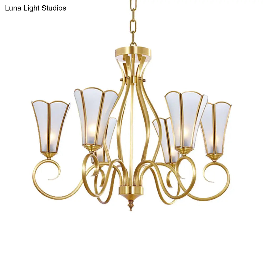 Gold Finish 6-Light Colonial Chandelier With Frosted Glass Flower Shades
