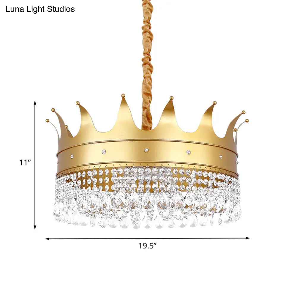 Gold Finish Crown Ceiling Chandelier - Kids 2/4/5 Bulbs Metal Suspension Light With Crystal Accent