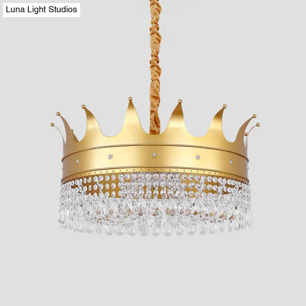 Gold Finish Crown Ceiling Chandelier - Kids 2/4/5 Bulbs Metal Suspension Light With Crystal Accent