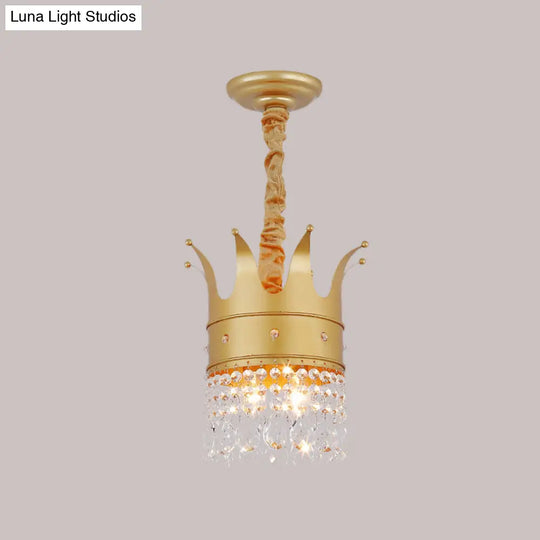 Gold Finish Crown Ceiling Chandelier - Kids 2/4/5 Bulbs Metal Suspension Light With Crystal Accent