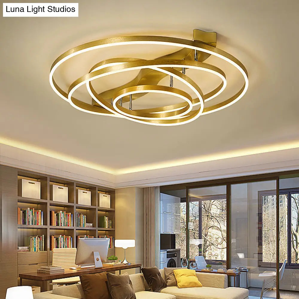 Gold Finish Ring Ceiling Mounted Led Semi Flush Light With Artistic Metal Detailing